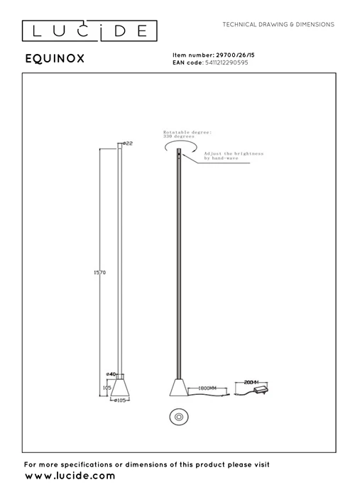 Lucide EQUINOX - Floor lamp - LED Dim. - CCT - 1x26W 2700K/4000K - Hand Wave Sensor - Grey iron | Vibes - technical